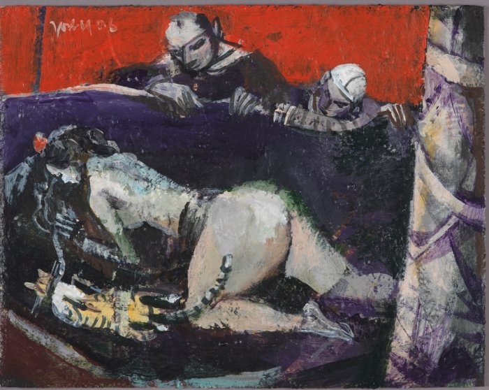 Jost Heyder: Susanna, die Katze, der Alte und der Junge, 2006 Erotisches Acrylgemälde