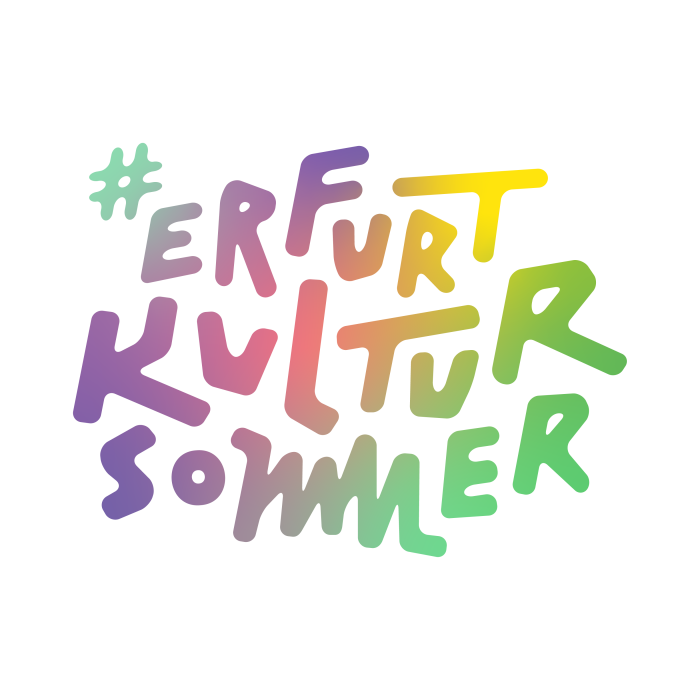 Logo #erfurtkultursommer 2025 Schriftzug "#erfurtkultursommer" mit Farbverlauf von Lila, Gelb und Grün
