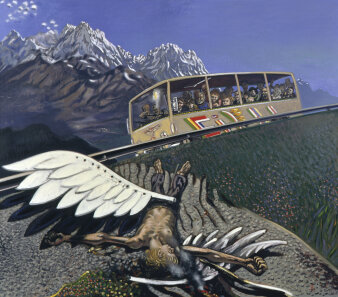 Gemälde eines fiktiven Busses und eines gefallen Engels in einer Landschaft