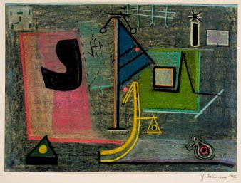 Foto: Hermann Naumann: Ohne Titel (abstrakte Formen),1955. Farbige Ölkreide, Fixativ 38.3 x 52.8 cm © Hermann Naumann. Angermuseum, Graphische Sammlung, Inv. Nr. 2004/14.460. Foto: Stadtverwaltung Erfurt, D. Urban Farbige Graphik.
