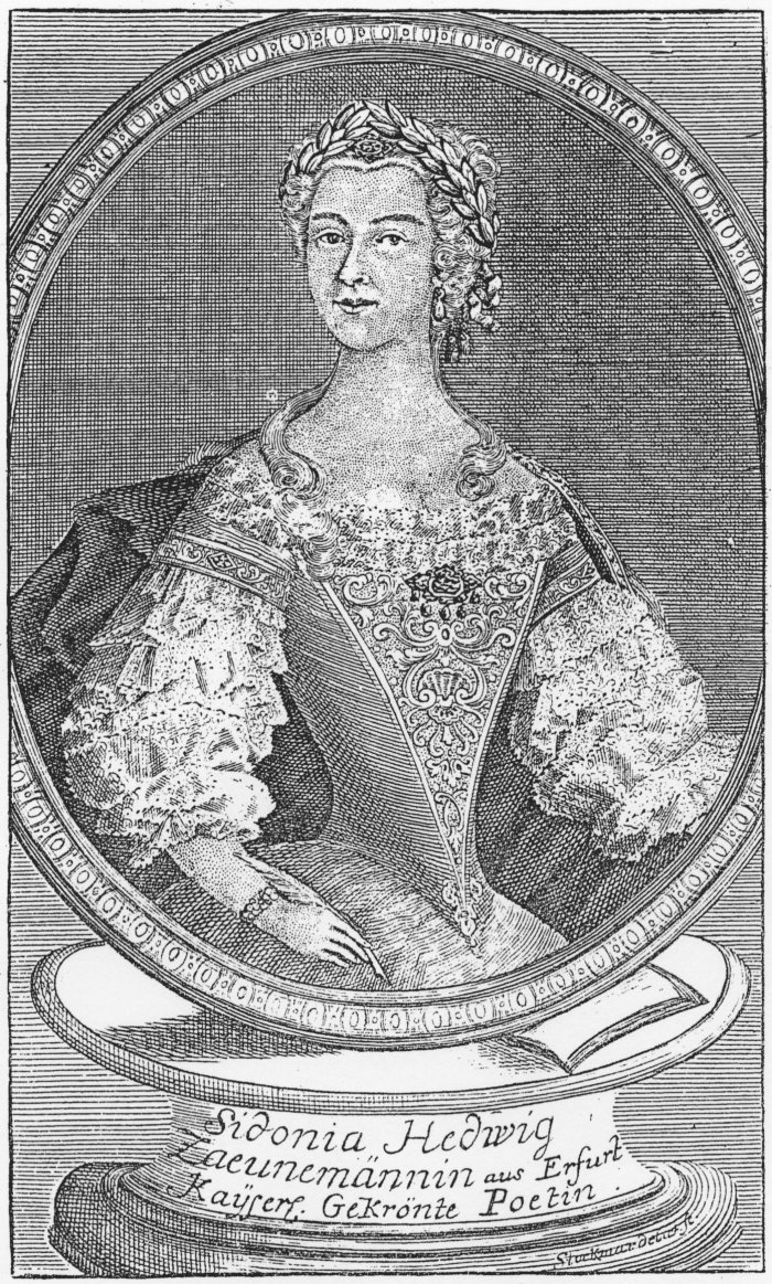 Sidonia Hedwig Zäunemann (1714 Erfurt – 1740 Plaue), Kupferstich von Johann Wolfgang Heinrich Stockmar, Frontispiz zu S. H. Zäunemann: Poetische Rosen in Knospen, Erfurt 1738 Porträtdarstellung.