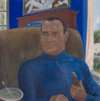 Foto: Erich Heckel (Döbeln 1883-1970 Radolfzell / Hemmenhofen) Bildnis Dr. Alfred Hess, 1932 Tempera auf Leinwand © Angermuseum Erfurt, Foto: Dirk Urban Porträt des Kunstmäzens Alfred Hess. Pfeiffe rauchender sitzender Mann in blauemn Hemd.