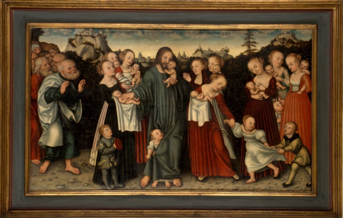 Jesus von Nazareth in der Mitte des Bildes, um ihn16 Erwachsene und 16 Kinder