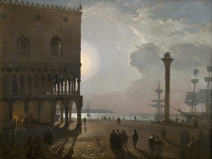 Friedrich Nerly d. Ä., Die Piazzetta in Venedig bei Mondschein, 1838 Öl auf Leinwand, 74,8 x 101,8 cm auf einem großen Platz in Venedig, ein Ausschnitt einer Häuserwand, Mondschein und eine Lagune in der viele mittelalterlich anmutende Schiffe liegen