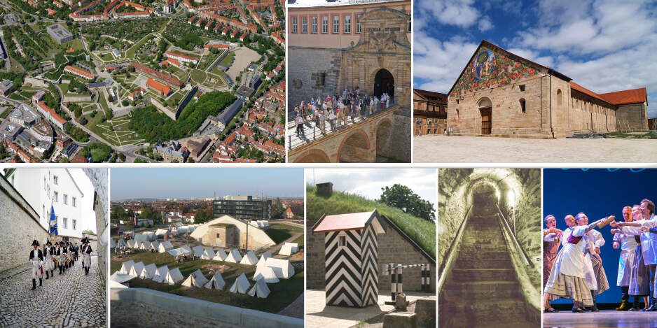 8 Bilder werden zu einer Collage: Impressionen der vielfältigen Geschichte und Gegenwart auf dem Petersberg