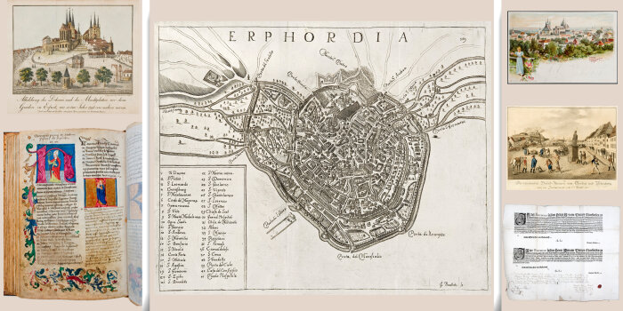 Foto: Collage - Chronologie Domplatz © Stadtverwaltung Erfurt 6 Bilder werden zu einer Collage: im Zentrum ein historischer Stadtplan und darum herum Geschichtsereignisse