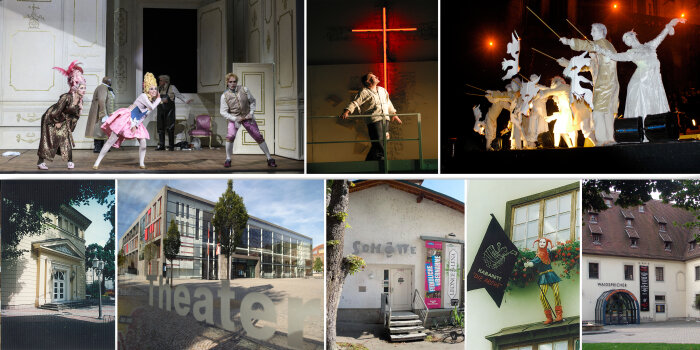 8 Bilder werden zu einer Collage: Unten sind Beispiele von Auftrittsorten und oben Fotos von Inszenierungen