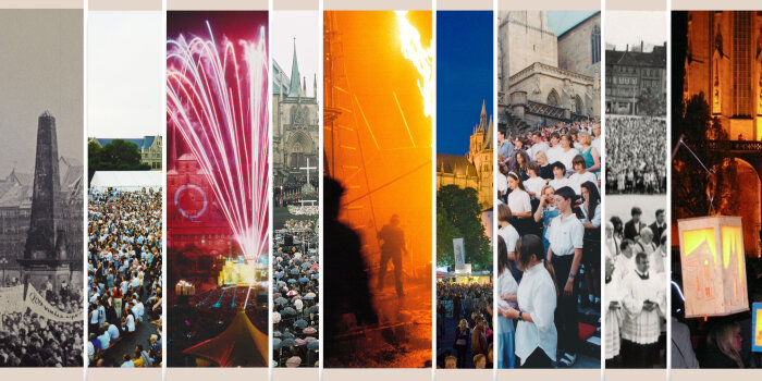 8 Bilder sind zu einer Collage vereint: schmale Ausschnitte von Bildern ganz unterschiedelicher Veranstaltungen