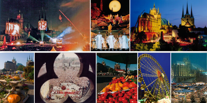 8 Bilder werden zu einer Collage: das vielfältige Geschehen auf dem Domplatz vom Markt bis zu großen Inszenierungen