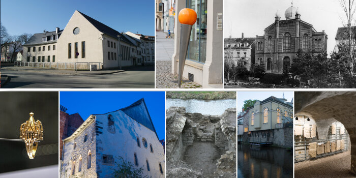 8 Bilder werden zu einer Collage: vergangene und gegenwärtige Orte des Jüdischen Lebens in Erfurt