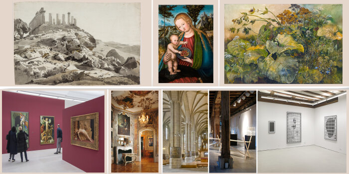 8 Bilder werden zu einer Collage: Unten sind Beispiele von Ausstellungsräumen und oben Werke der Bildenden Kunst