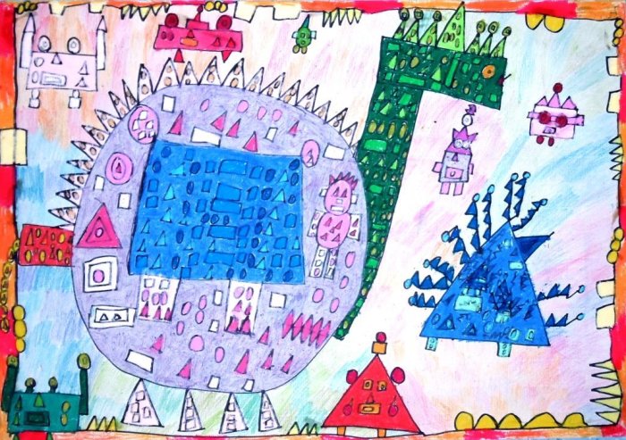 Stadt Kinderbild zum Thema Stadt, zu sehen ist eine Draufsicht