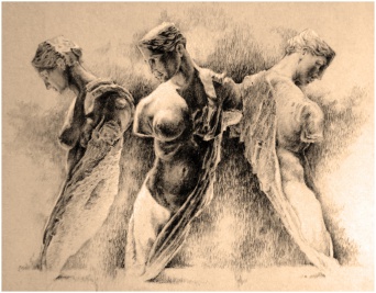eine Zeichnung mit drei Frauenkörpern