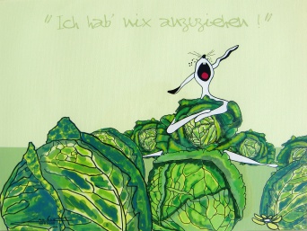 Modewelten: "Ich hab nix anzuziehen" Hase bedeckt sich mit Kohlkopf. In einer Sprechblase steht ich hab nix anzuziehen