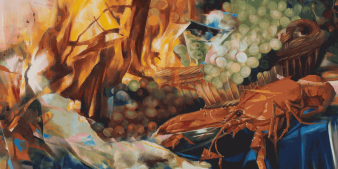 Gemälde mit einem Obstkorb un einem Hummer neben einem Feuer