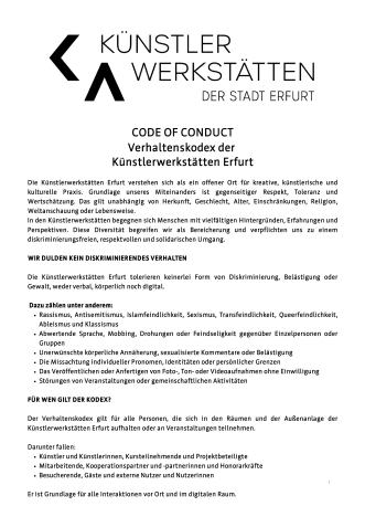 Verhaltenscodex/Code of Conduct der Künstlerwerkstätten
