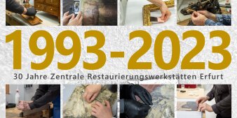 Cover 30 Jahre Zentrale Restaurierungswerkstätten, mit kleinen Bilder von Händen