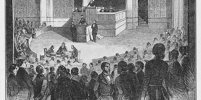Eine Schwarz-Weiß-Zeichnung einer Parlamentssitzung in einer Kirche.