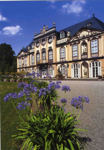 Im Vordergrund eine dekorative Pflanze  mit großen blauen Blüten, im Hintergrund eine barocke Schlossanlage. Über dem Schloss strahlend blauer Himmel.