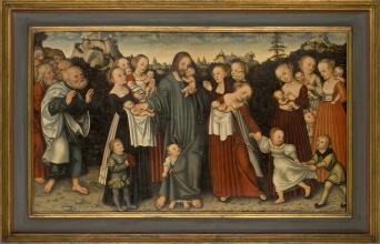 Foto: Cranach: Lasset die Kindlein zu mir kommen (um 1535) © Angermuseum Erfurt Dargestellt ist die Szene nach dem Markus-Evangelium (10, 14-16), in der Jesus zu seinen Jüngern spricht: "Lasst die Kinder zu mir kommen und wehret ihnen nicht; denn solchen gehört das Reich Gottes. Wahrlich, ich sage euch: Wer das Reich Gottes nicht empfängt wie ein Kind, der wird nicht hineinkommen. Und er herzte sie und legte die Hände auf sie und segnete sie."