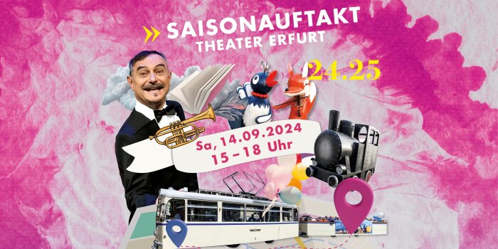 bunte Grafik mit verschiedenen Elementen und Schriftzug "Saisonauftakt Theater Erfurt"