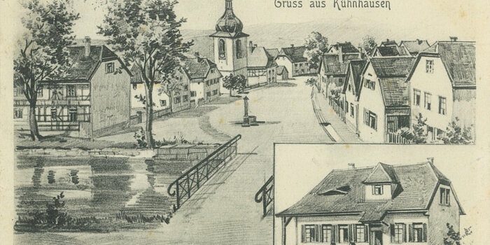 Foto: Postkarte der Evangelischen Porta Coeli Kirche („Himmelspforte“), um 1900, Zeichnung. © Stadtverwaltung Erfurt / Stadtarchiv Zeichnung eines Dorfplatzes mit Kirche.