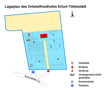 Lageplan des Ortsteilfriedhof mit Angaben zu Grabanlagen, Lage der Trauerhalle, Wasserstellen und Abraumplätzen, sowie zu den Eingängen und Parkplatzhinweis.