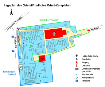 Lageplan des Ortsteilfriedhof mit Angaben zu Grabanlagen, Lage der Trauerhalle, Wasserstellen und Abraumplätzen, sowie zu den Eingängen und Parkplatzhinweis.