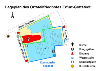 Lageplan des Ortsteilfriedhof mit Angaben zu Grabanlagen, Lage der Trauerhalle, Wasserstellen und Abraumplätzen, sowie zu den Eingängen und Parkplatzhinweis.