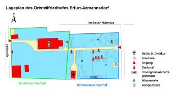 Lageplan des Ortsteilfriedhof mit Angaben zu Grabanlagen, Lage der Trauerhalle, Wasserstellen und Abraumplätzen, sowie zu den Eingängen und Parkplatzhinweis.