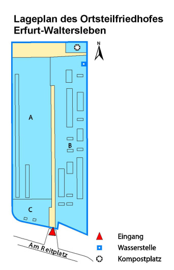 Lageplan des Ortsteilfriedhof mit Angaben zu Grabanlagen, Lage der Trauerhalle, Wasserstellen und Abraumplätzen, sowie zu den Eingängen und Parkplatzhinweis.