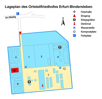 Lageplan des Ortsteilfriedhof mit Angaben zu Grabanlagen, Lage der Trauerhalle, Wasserstellen und Abraumplätzen, sowie zu den Eingängen und Parkplatzhinweis.