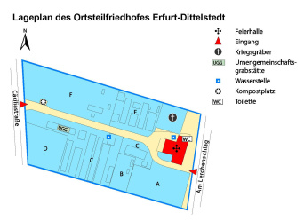 Lageplan des Ortsteilfriedhof mit Angaben zu Grabanlagen, Lage der Trauerhalle, Wasserstellen und Abraumplätzen, sowie zu den Eingängen und Parkplatzhinweis.