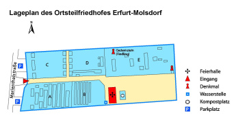 Lageplan des Ortsteilfriedhof mit Angaben zu Grabanlagen, Lage der Trauerhalle, Wasserstellen und Abraumplätzen, sowie zu den Eingängen und Parkplatzhinweis.