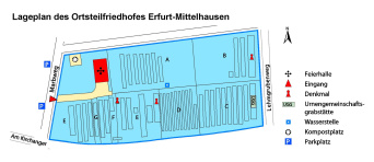 Lageplan des Ortsteilfriedhof mit Angaben zu Grabanlagen, Lage der Trauerhalle, Wasserstellen und Abraumplätzen, sowie zu den Eingängen und Parkplatzhinweis.