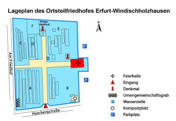 Lageplan des Ortsteilfriedhof mit Angaben zu Grabanlagen, Lage der Trauerhalle, Wasserstellen und Abraumplätzen, sowie zu den Eingängen und Parkplatzhinweis.