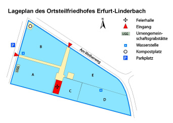 Lageplan des Ortsteilfriedhof mit Angaben zu Grabanlagen, Lage der Trauerhalle, Wasserstellen und Abraumplätzen, sowie zu den Eingängen und Parkplatzhinweis.