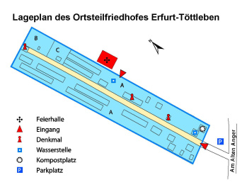 Lageplan des Ortsteilfriedhof mit Angaben zu Grabanlagen, Lage der Trauerhalle, Wasserstellen und Abraumplätzen, sowie zu den Eingängen und Parkplatzhinweis.