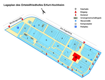 Lageplan des Ortsteilfriedhof mit Angaben zu Grabanlagen, Lage der Trauerhalle, Wasserstellen und Abraumplätzen, sowie zu den Eingängen und Parkplatzhinweis.