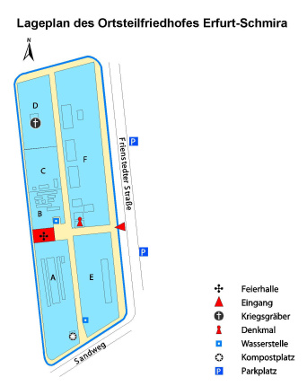 Lageplan des Ortsteilfriedhof mit Angaben zu Grabanlagen, Lage der Trauerhalle, Wasserstellen und Abraumplätzen, sowie zu den Eingängen und Parkplatzhinweis.