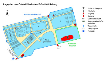 Lageplan des Ortsteilfriedhof mit Angaben zu Grabanlagen, Lage der Trauerhalle, Wasserstellen und Abraumplätzen, sowie zu den Eingängen und Parkplatzhinweis.