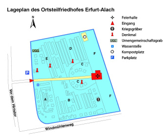 Lageplan des Ortsteilfriedhof mit Angaben zu Grabanlagen, Lage der Trauerhalle, Wasserstellen und Abraumplätzen, sowie zu den Eingängen und Parkplatzhinweis.