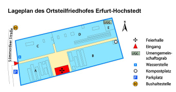 Lageplan des Ortsteilfriedhof mit Angaben zu Grabanlagen, Lage der Trauerhalle, Wasserstellen und Abraumplätzen, sowie zu den Eingängen und Parkplatzhinweis.