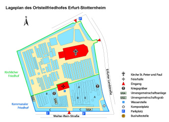 Lageplan des Ortsteilfriedhof mit Angaben zu Grabanlagen, Lage der Trauerhalle, Wasserstellen und Abraumplätzen, sowie zu den Eingängen und Parkplatzhinweis.