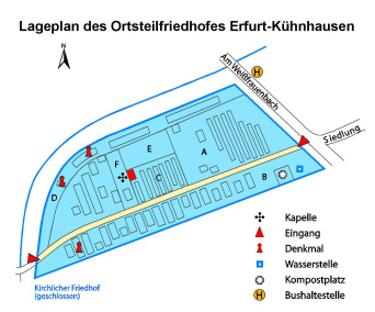 Lageplan des Ortsteilfriedhof mit Angaben zu Grabanlagen, Lage der Trauerhalle, Wasserstellen und Abraumplätzen, sowie zu den Eingängen und Parkplatzhinweis.