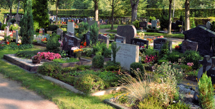Gepflegte Gräber, umgeben von Grün auf dem Friedhof von Melchendorf