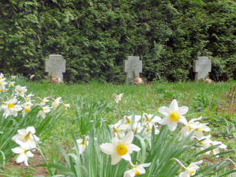 Drei Steinkreuze, unter denen Soldaten des Zweiten Weltkrieges beigesetzt sind