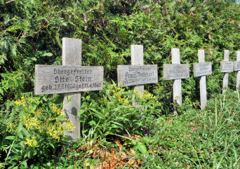 Vor einer Lebensbaumhecke stehen schlichte Holzkreuze. auf diesen sind die Namen der Opfer und ihre Lebensdaten eingeschnitzt.