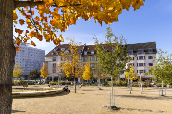 ein Spielplatz umgeben von herbstlich gefärbten Bäumen