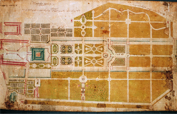 Molsdorfer Garten und Zubehör, (vor 1769). Kartenrand aus Gestaltungsgründen leicht verfremdet Zeichnung einer historischen Parkanlage